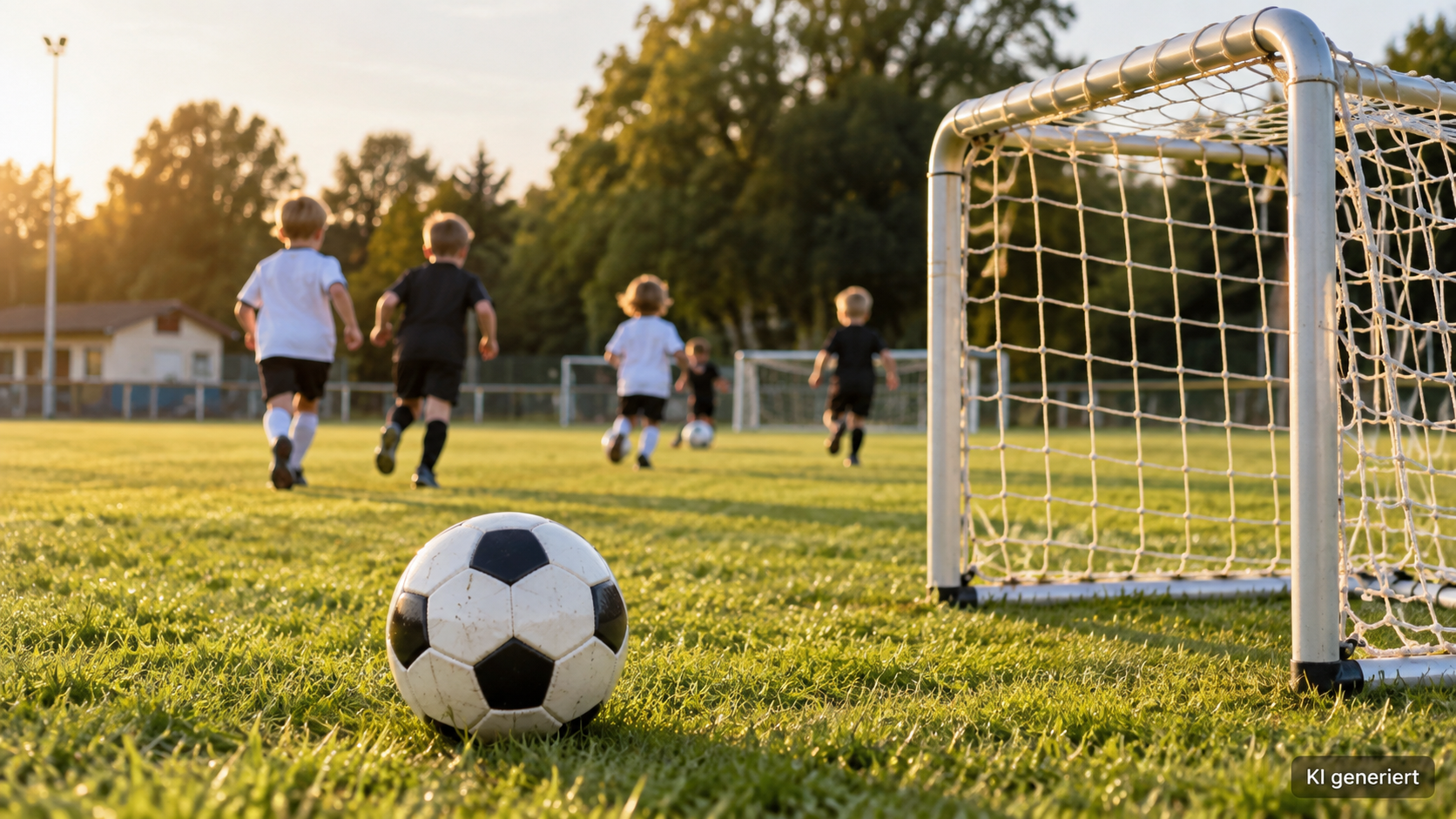 Fußball und Minitor auf einer Wiese, im Hintergrund spielen Kinder Fußball – KI-generiertes Symbolbild.