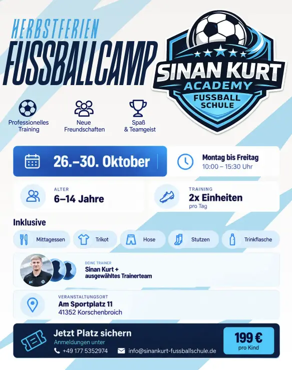 Flyer Herbstferien-Fußballcamp der Sinan Kurt Fussballschule beim VfB Korschenbroich vom 26. bis 30. Oktober 2026